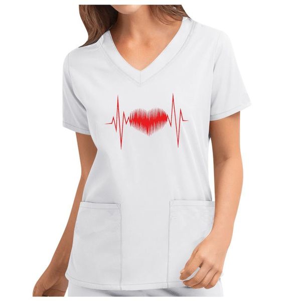 women's blouses & shirts women solid blouse with short sleeve v-neck appliques printed nursing working uniform t pockets, White
women's blouses & shirts women solid blouse with short sleeve v-neck appliques printed nursing working uniform t pockets, White