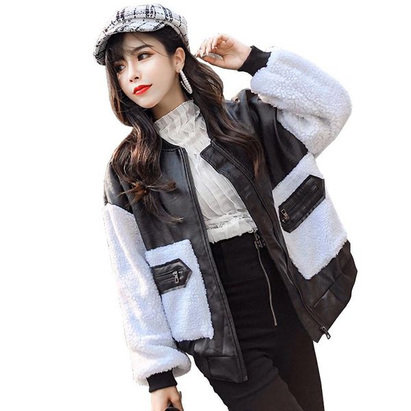 women's leather & faux 2021 spring autumn jacket women short long sleeve lambswool splice fashion pu warm coat lu643, Black
women's leather & faux 2021 spring autumn jacket women short long sleeve lambswool splice fashion pu warm coat lu643, Black