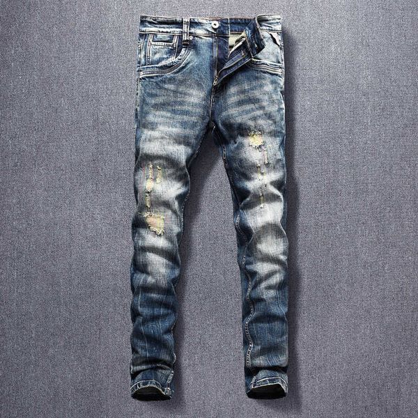 italian style fashion men jeans slim fit patchwork hip hop ripped denim pants retro vintage designer long trousers, Blue
italian style fashion men jeans slim fit patchwork hip hop ripped denim pants retro vintage designer long trousers, Blue