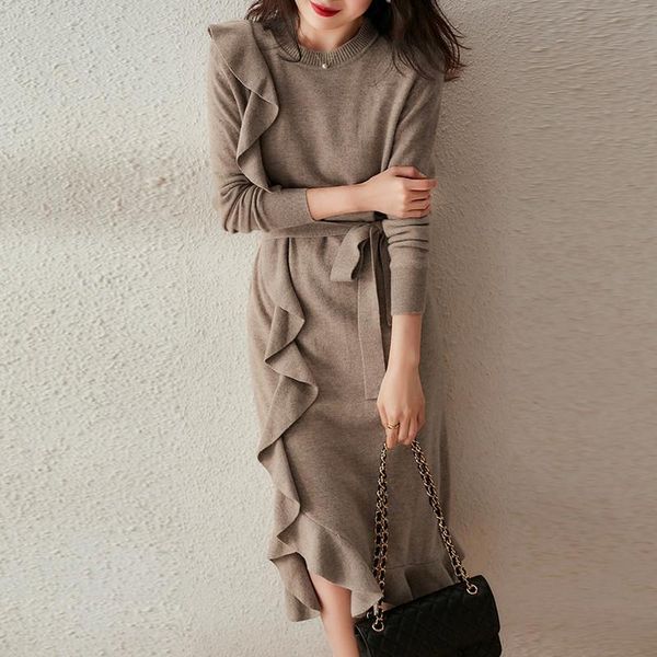 casual dresses women autumn ruffle lace-up irregular midi dress round neck solid korean bottoming bodycon female long sleeve sweater, Black;gray
casual dresses women autumn ruffle lace-up irregular midi dress round neck solid korean bottoming bodycon female long sleeve sweater, Black;gray