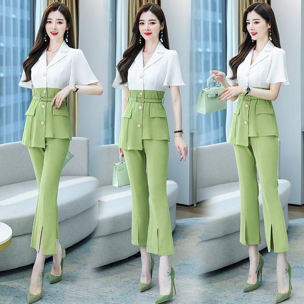 women's two piece pants women pieces sets 2021 summer short sleeve blazer collar colors patchwork blouse shirt +split flare pant trouse, White
women's two piece pants women pieces sets 2021 summer short sleeve blazer collar colors patchwork blouse shirt +split flare pant trouse, White