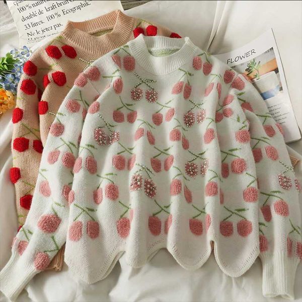 women's sweaters 2021 autumn sweet cherry print women sweater knitted basic o neck long sleeve pullovers beading loose female knitwear, White;black
women's sweaters 2021 autumn sweet cherry print women sweater knitted basic o neck long sleeve pullovers beading loose female knitwear, White;black
