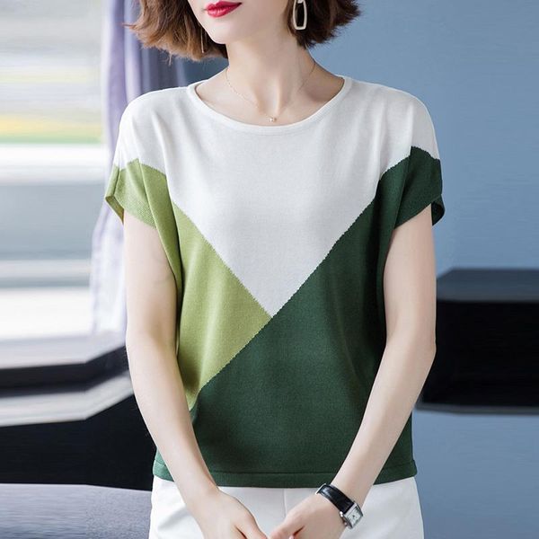 women's t-shirt summer short sleeve contrast color knitted women fashion loose knitwear tee casual o-neck thin pullover female, White
women's t-shirt summer short sleeve contrast color knitted women fashion loose knitwear tee casual o-neck thin pullover female, White