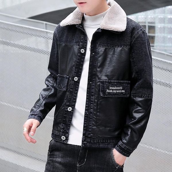 men's fur & faux winter warm denim leather jacket korean version slim young lamb collar plush splicing coat, Black
men's fur & faux winter warm denim leather jacket korean version slim young lamb collar plush splicing coat, Black