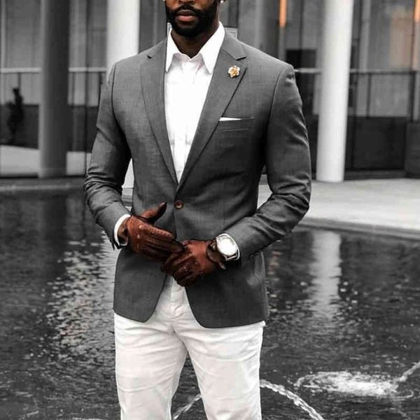 men's suits & blazers grey mens slim fit 2 pcs casual groomsmen wedding tuxedos notch lapel african fashion jacket with white pants etj, White;black
men's suits & blazers grey mens slim fit 2 pcs casual groomsmen wedding tuxedos notch lapel african fashion jacket with white pants etj, White;black