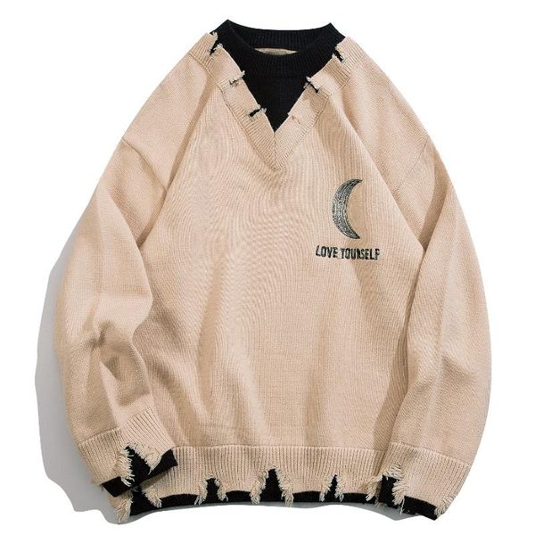 men's sweaters streetwear knitted sweater men 2021 hip hop vintage fake two printed ripped harajuku oversize loose pullover women, White;black
men's sweaters streetwear knitted sweater men 2021 hip hop vintage fake two printed ripped harajuku oversize loose pullover women, White;black