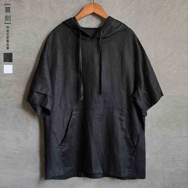 summer fashion hooded linen t-shirt casual men's short sleeve sweater, Black 
summer fashion hooded linen t-shirt casual men's short sleeve sweater, Black