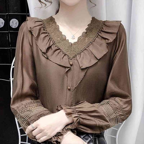 long sleeve chiffon women shirts blusas mujer de moda ruffles v neck blouses e342, White
long sleeve chiffon women shirts blusas mujer de moda ruffles v neck blouses e342, White