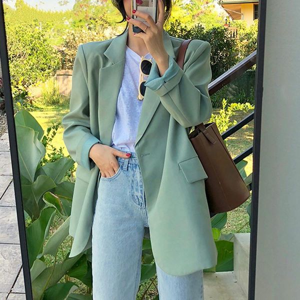 women's suits & blazers 2021 chic loose light green women blazer summer one button female suit jacket full sleeve outwear blaser femme, White;black
women's suits & blazers 2021 chic loose light green women blazer summer one button female suit jacket full sleeve outwear blaser femme, White;black
