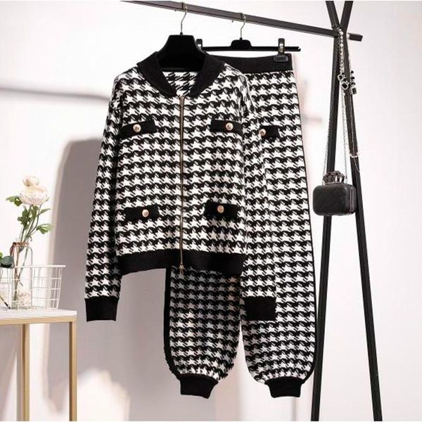 women's two piece pants houndstooth wool knit cardigan jacket coats two-piece set women autumn winter elasticated waist fashion tracksu, White
women's two piece pants houndstooth wool knit cardigan jacket coats two-piece set women autumn winter elasticated waist fashion tracksu, White