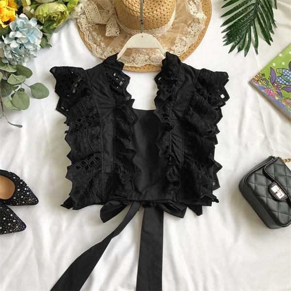 2021 women design short hollow out ruffled shirt summer new sleeveless bow tie crop blouse elegant black white 210308
2021 women design short hollow out ruffled shirt summer new sleeveless bow tie crop blouse elegant black white 210308