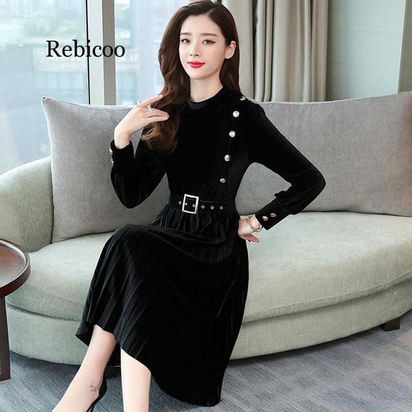 casual dresses autumn winter dress women vintage long-sleeved pleated velvet ladies elegant slim a-line party female belt, Black;gray
casual dresses autumn winter dress women vintage long-sleeved pleated velvet ladies elegant slim a-line party female belt, Black;gray
