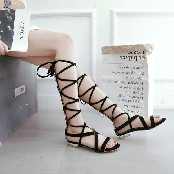 sandals belt toe flat heel shoes large size women's, Black