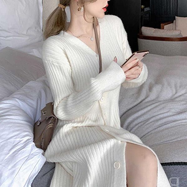 casual dresses qweek women autumn winter warm knitted knit dress 2021 sweet kniwear button v-neck long sleeve white chic clothes, Black;gray 
casual dresses qweek women autumn winter warm knitted knit dress 2021 sweet kniwear button v-neck long sleeve white chic clothes, Black;gray