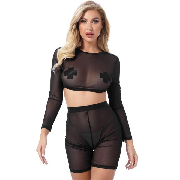 bras sets women exotic see-through mesh lingerie outfit beachwear round neck long sleeve crop with high waist elastic shorts, Red;black
bras sets women exotic see-through mesh lingerie outfit beachwear round neck long sleeve crop with high waist elastic shorts, Red;black