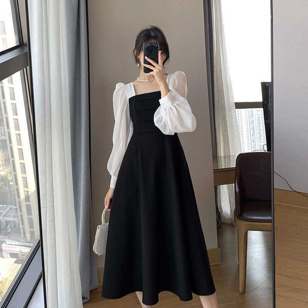 long sleeve black organza fried street dr's spring and autumn splicing square neck french mh skirt, Black;gray
long sleeve black organza fried street dr's spring and autumn splicing square neck french mh skirt, Black;gray
