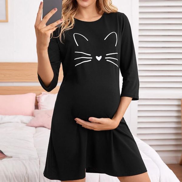 maternity dresses cat print pregnant woman dress women pregnancy cartoon solid soft nusring casual clothes 527, White 
maternity dresses cat print pregnant woman dress women pregnancy cartoon solid soft nusring casual clothes 527, White
