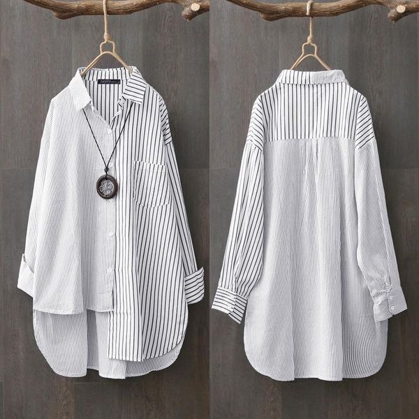 women's blouses & shirts oversized asymmetrical zanzea 2021 elegant striped casual long sleeve blusas female button stiching tunic, White
women's blouses & shirts oversized asymmetrical zanzea 2021 elegant striped casual long sleeve blusas female button stiching tunic, White
