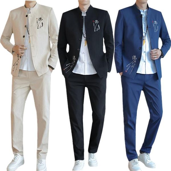 men's suits & blazers fashion chinese style cotton linen suit 2piece black navy blue men stand-up collar embroidery and pants size s-5x, White;black
men's suits & blazers fashion chinese style cotton linen suit 2piece black navy blue men stand-up collar embroidery and pants size s-5x, White;black