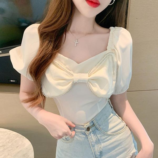 women's blouses & shirts puff sleeve shirt women 2021 summer diamond decoration big bow short blusas mujer lady crop femme, White
women's blouses & shirts puff sleeve shirt women 2021 summer diamond decoration big bow short blusas mujer lady crop femme, White
