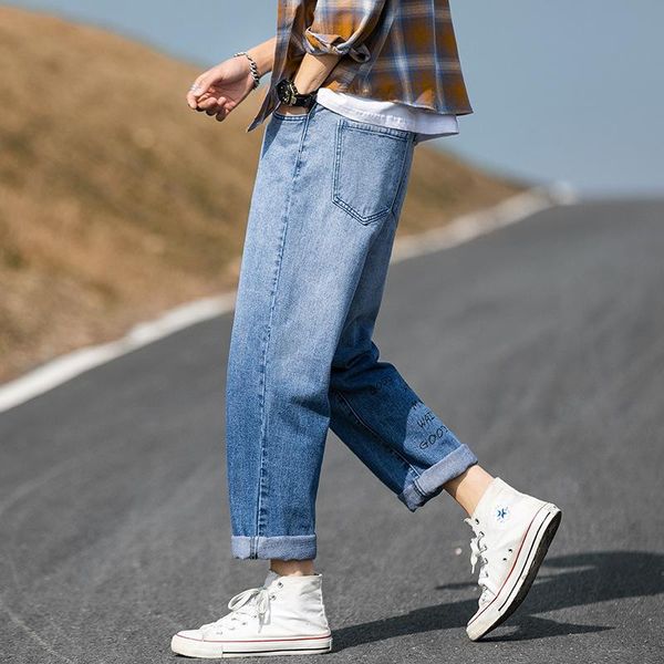 men's jeans the spring 2021 young japanese men of letters printing bigger sizes loose straight nine minutes pants, Blue
men's jeans the spring 2021 young japanese men of letters printing bigger sizes loose straight nine minutes pants, Blue