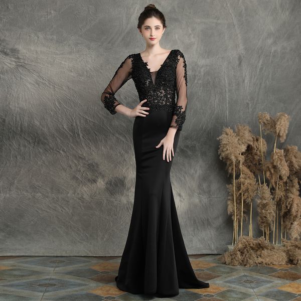 evening dresses v-neck appliques beading mermaid prom dress floor length female gown with long sleeves, Black;red
evening dresses v-neck appliques beading mermaid prom dress floor length female gown with long sleeves, Black;red