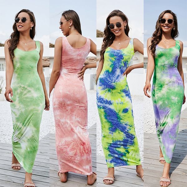 european and american summer new dress sleeveless tie dyed hip wrap long skirt round neck strap slim dress, White
european and american summer new dress sleeveless tie dyed hip wrap long skirt round neck strap slim dress, White