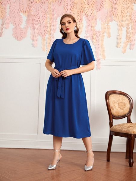 plus flutter sleeve self belted dress l9a0#, Black 
plus flutter sleeve self belted dress l9a0#, Black