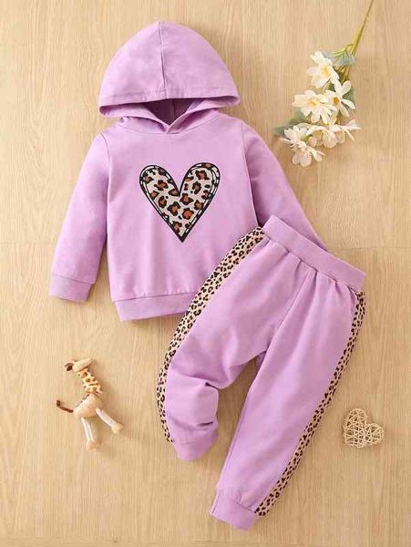 baby leopard & heart hoodie & contrast side seam sweatpants she, White