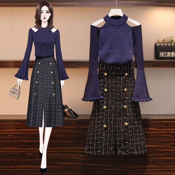 women's tracksuits chic tweed skirt 2 piece set women fall winter ins fashion bare shoulders knit sweater + button plaid split, Gray
women's tracksuits chic tweed skirt 2 piece set women fall winter ins fashion bare shoulders knit sweater + button plaid split, Gray