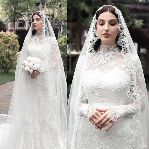 vintage wedding dresses with high-neck long-sleeves appliqued race wedding dress with veil custom made vestidos de novia, White
vintage wedding dresses with high-neck long-sleeves appliqued race wedding dress with veil custom made vestidos de novia, White
