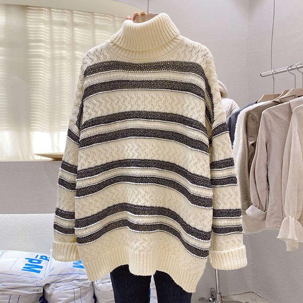 high necked women's pullover stripe thickened 2020 new autumn and winter loose lazy short style with backing sweater inside, White;black
high necked women's pullover stripe thickened 2020 new autumn and winter loose lazy short style with backing sweater inside, White;black