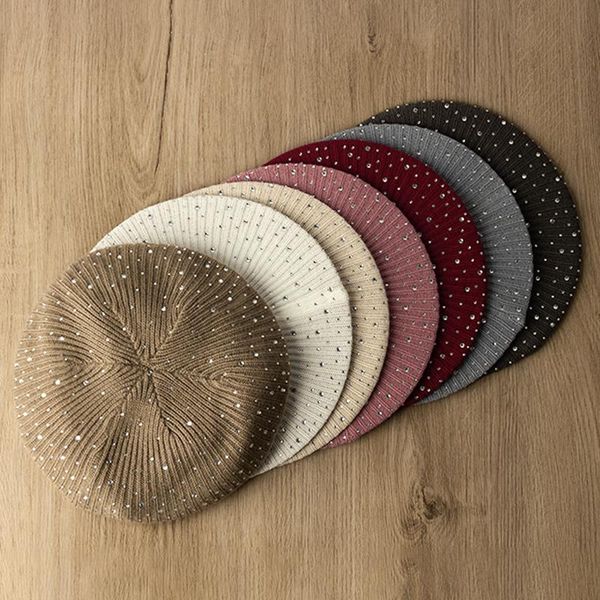 berets handmade women rhinestone beret knitted stripe solid hat female ladies warm flexible girls lady casual bonnet, Blue;gray
berets handmade women rhinestone beret knitted stripe solid hat female ladies warm flexible girls lady casual bonnet, Blue;gray