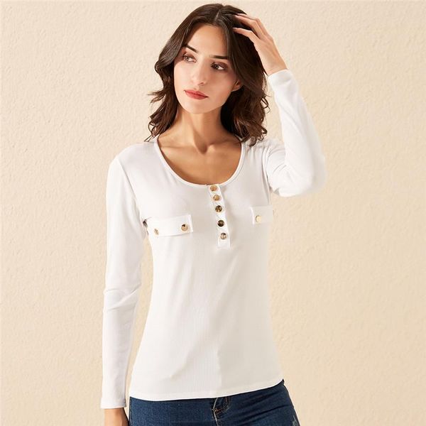 women's t-shirt spring autumn fashion women long-sleeved buttoned ladies casual slimming solid color t-shirts for female, White
women's t-shirt spring autumn fashion women long-sleeved buttoned ladies casual slimming solid color t-shirts for female, White