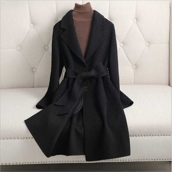 women's wool & blends 2021autumn winter midi woolen coat sashes long sleeve elegant jacket female outwear casual loose overcoat, Black
women's wool & blends 2021autumn winter midi woolen coat sashes long sleeve elegant jacket female outwear casual loose overcoat, Black