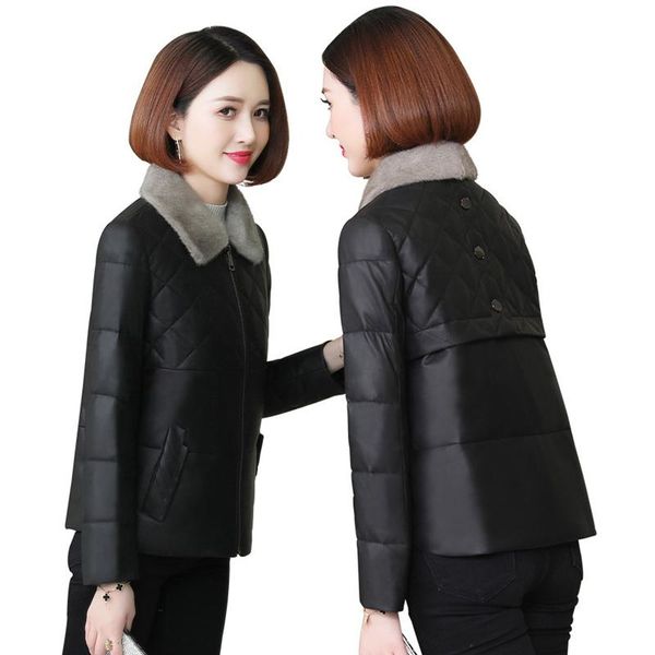 women's leather & faux genuine sheepskin suede jacket duck down lingning collar winter women coat suit lf21014bm, Black
women's leather & faux genuine sheepskin suede jacket duck down lingning collar winter women coat suit lf21014bm, Black