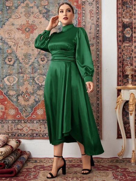 plus mock neck lantern sleeve tulip hem satin dress m5x7#, Black
plus mock neck lantern sleeve tulip hem satin dress m5x7#, Black