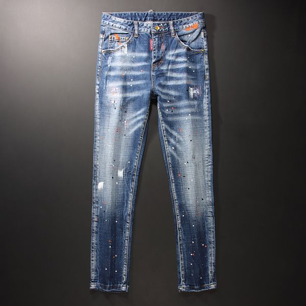 2021 new italian style fashion men blue color elastic slim fit ripped jeans vintage designer painted streetwear hip hop denim pants rsgx
2021 new italian style fashion men blue color elastic slim fit ripped jeans vintage designer painted streetwear hip hop denim pants rsgx