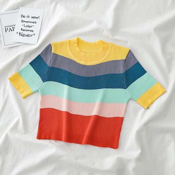 women knitted rainbow strips o-neck t-shirts women summer short sleeve casual streetwear crop tees for women, White
women knitted rainbow strips o-neck t-shirts women summer short sleeve casual streetwear crop tees for women, White