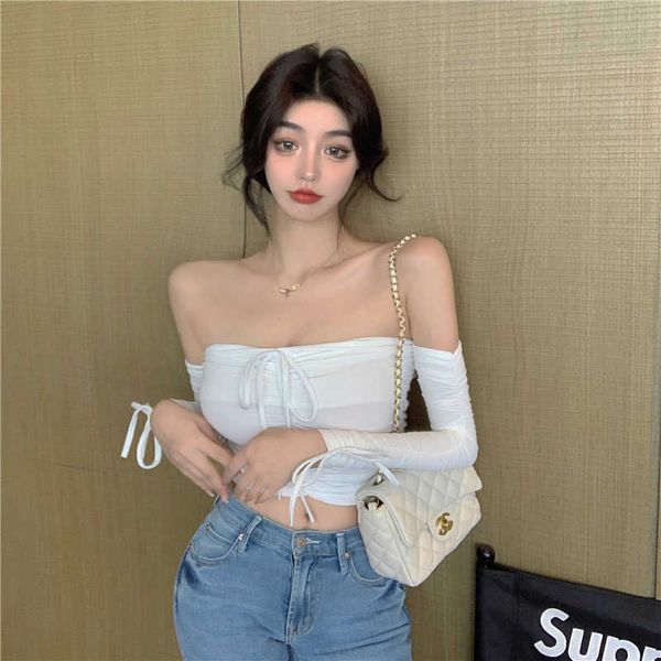 spring and autumn long sleeve drawstring tube short crop nightclub club women black white 210604
spring and autumn long sleeve drawstring tube short crop nightclub club women black white 210604