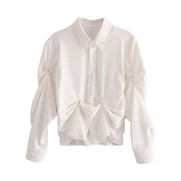 women's blouses & shirts 2021 women blouse shirt faux pearl button pleated long sleeves irregular hem collared femme mujer, White
women's blouses & shirts 2021 women blouse shirt faux pearl button pleated long sleeves irregular hem collared femme mujer, White