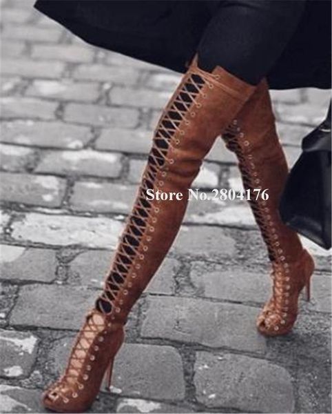 boots women peep toe stiletto heel over knee gladiator brown black suede lace-up thigh high long party heels
boots women peep toe stiletto heel over knee gladiator brown black suede lace-up thigh high long party heels