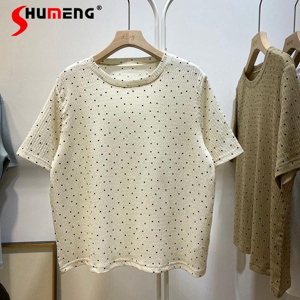 women's t-shirt 2021 summer korean style simple western female round neck short sleeve pleated stretchy polka dot slim women tee, White
women's t-shirt 2021 summer korean style simple western female round neck short sleeve pleated stretchy polka dot slim women tee, White