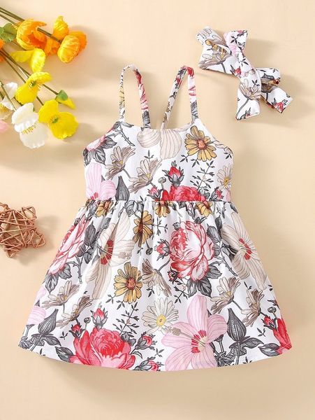 baby floral print cami dress with headband she, Red;yellow