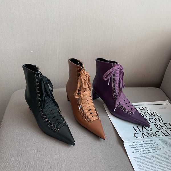 boots pointed toe women ankle cross tied lace up thick mid heels black/purple/brown side zipper winter woman size 35-39
boots pointed toe women ankle cross tied lace up thick mid heels black/purple/brown side zipper winter woman size 35-39