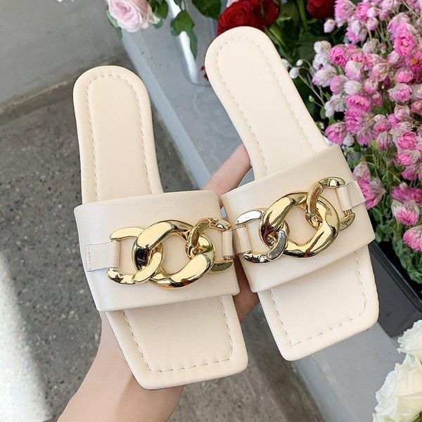 women's golden chain slipper solid color square toe flip flops summer ladies outdoor beach shoes slides pu leather flip flop, Black
women's golden chain slipper solid color square toe flip flops summer ladies outdoor beach shoes slides pu leather flip flop, Black