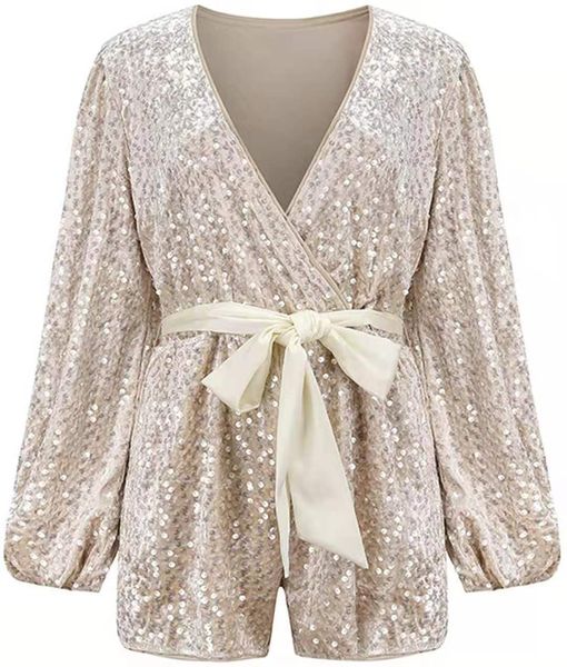 new ladies loose sequin drawstring design long sleeve jumpsuit shorts, Black;white
new ladies loose sequin drawstring design long sleeve jumpsuit shorts, Black;white