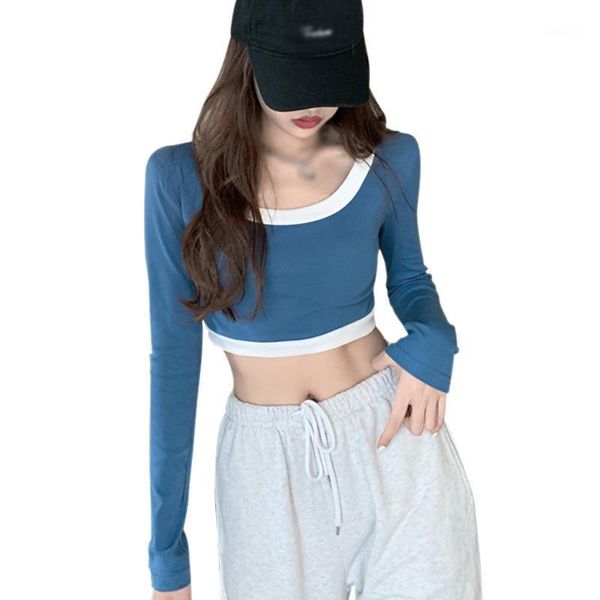 women's t-shirt summer o neck sports patchwork slim long sleeve expose navel t shirt, White
women's t-shirt summer o neck sports patchwork slim long sleeve expose navel t shirt, White
