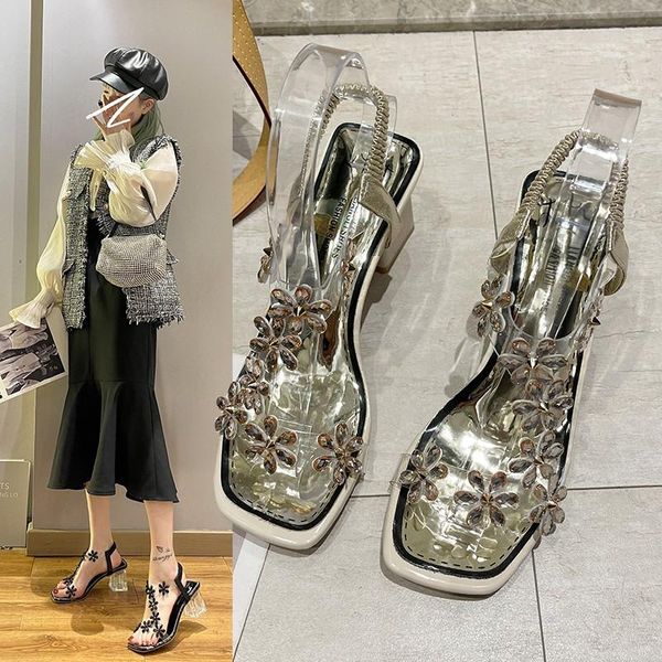 sandals summer women pvc crystal flower decoration chunky heel peep toe back strap elastic band elegant fashion shoes ladies, Black
sandals summer women pvc crystal flower decoration chunky heel peep toe back strap elastic band elegant fashion shoes ladies, Black