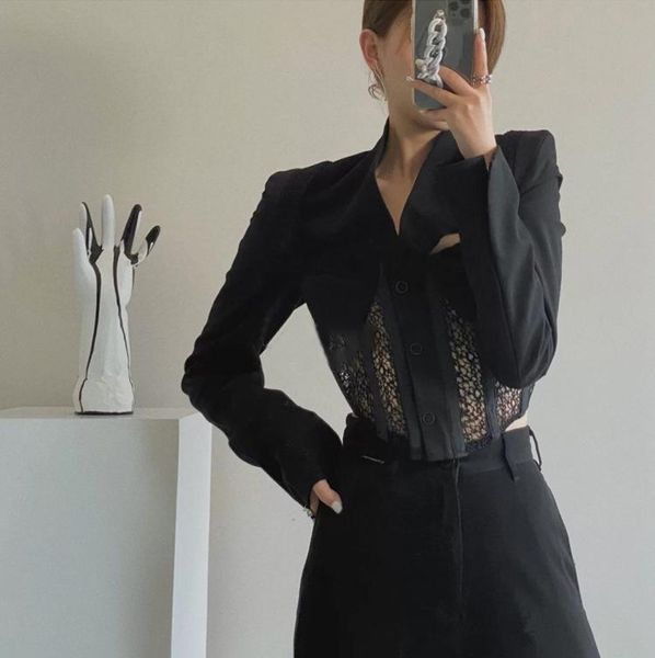 early autumn stitching fish bone corset short suit jacket women crop women's suits & blazers, White;black
early autumn stitching fish bone corset short suit jacket women crop women's suits & blazers, White;black